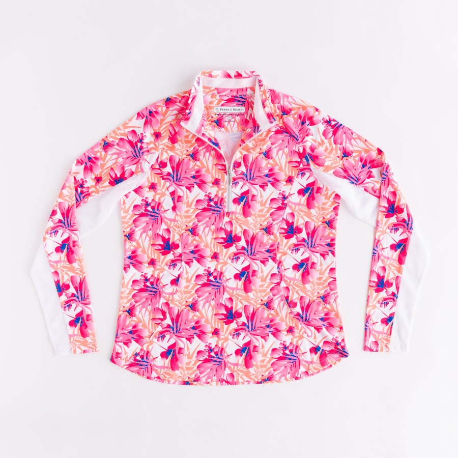 Women'S Apparel * | Floral Print Textured Quarter Zip Pull Over Top Sellers