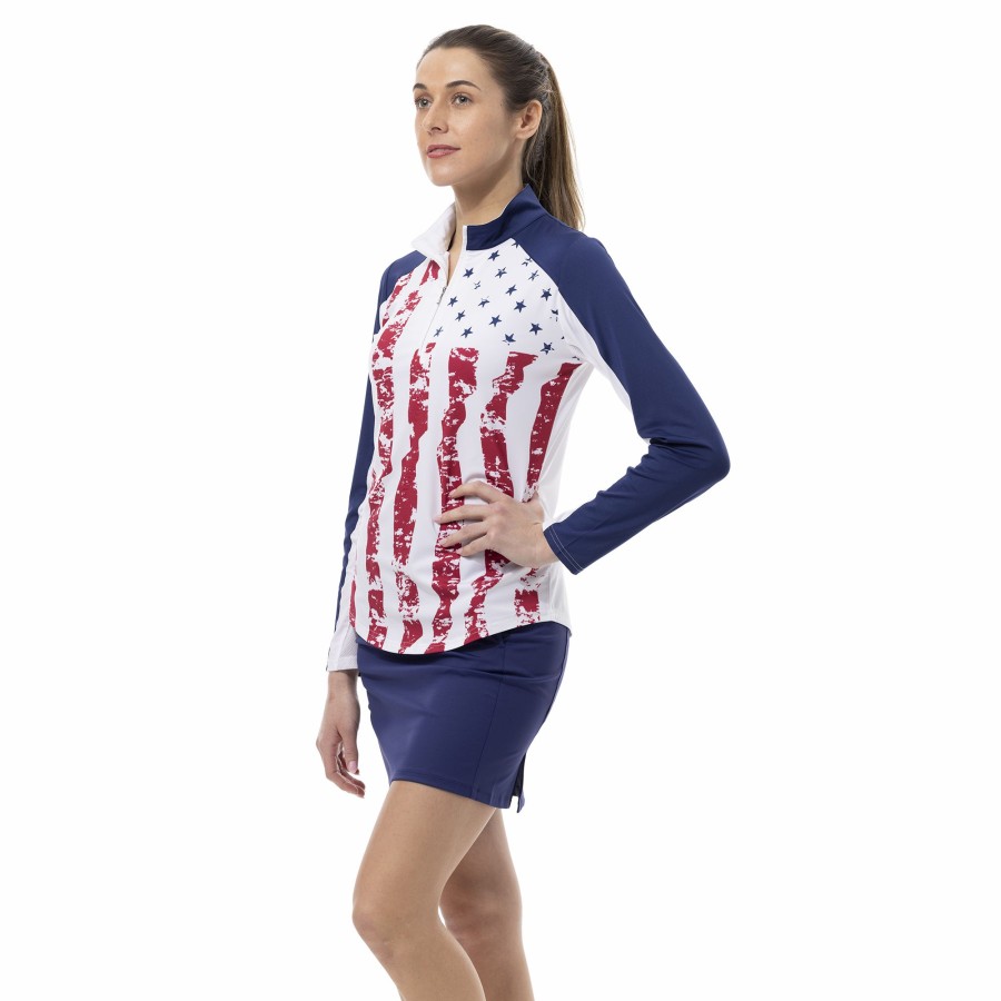 Women'S Apparel * | Solcool Stars & Stripes Print Quarter Zip Pullover Clearance Sale